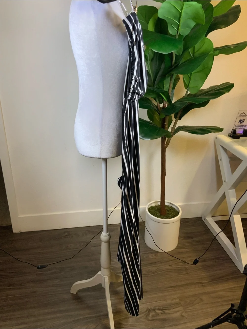 Discreet Black and White Vertical Stripe Strapless Jumpsuit